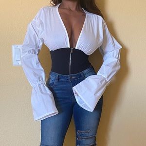 NWOT Zip Up Plunging Neck Top with Flounce Sleeves